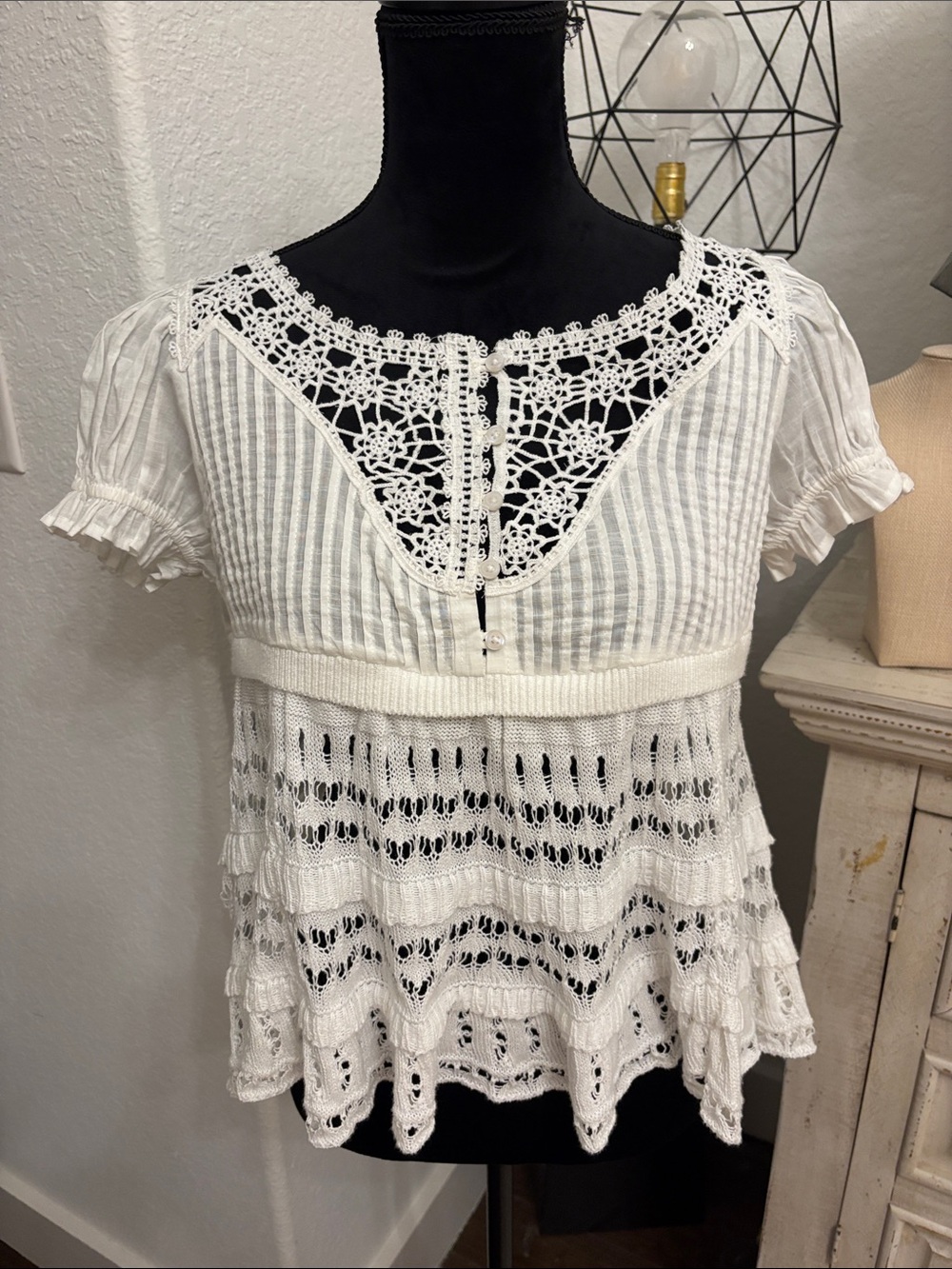 Anthropologie White Crochet Yoke Short Sleeve Peplum Blouse